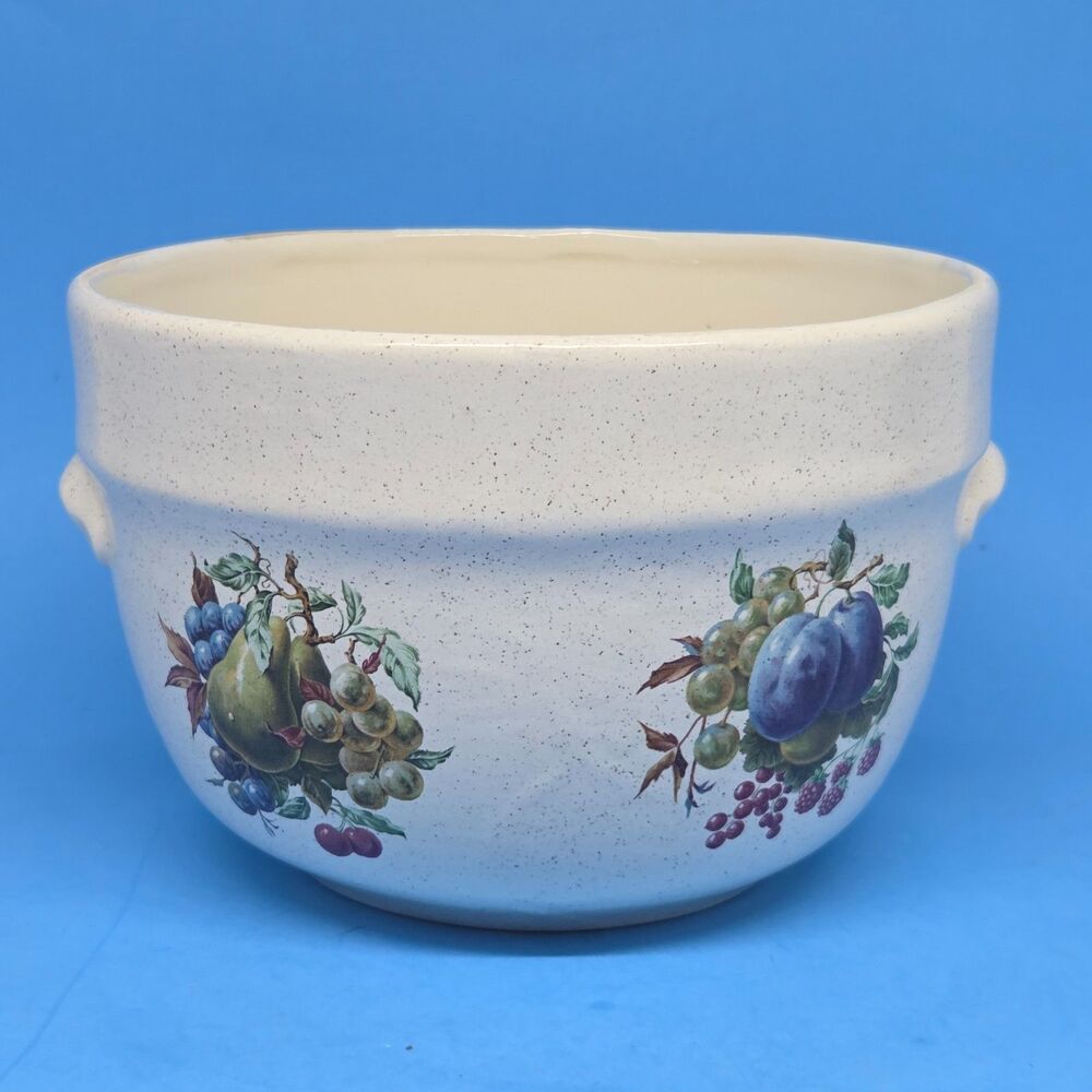 Vintage Ceramic Handled 4 3/4"H X 7 1/8"D Speckled Mixing Bowl Painted Fruit Dec